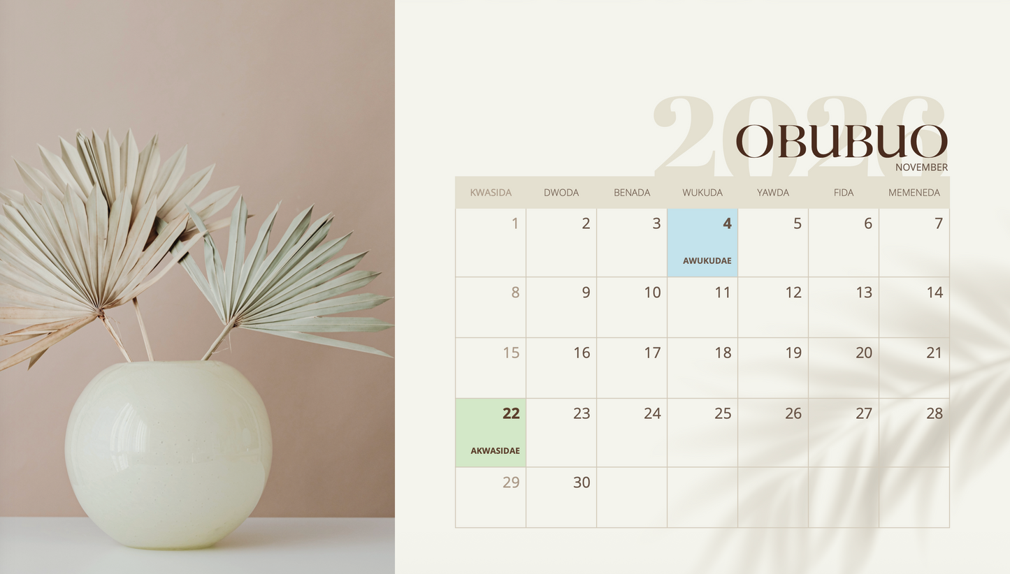 2026 Twi calendar with a decorative potted plants on a beige background for the month of November.