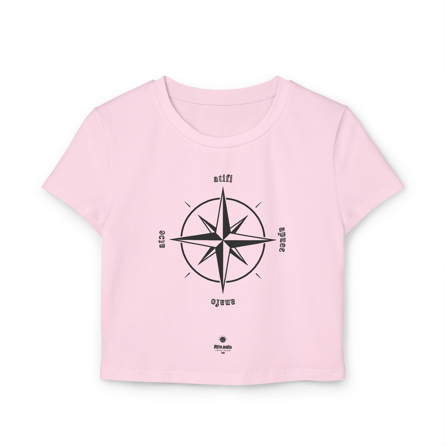 Pink t-shirt with a compass design on a white background