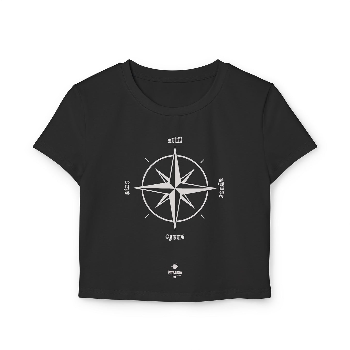 Black t-shirt with white compass design on a white background