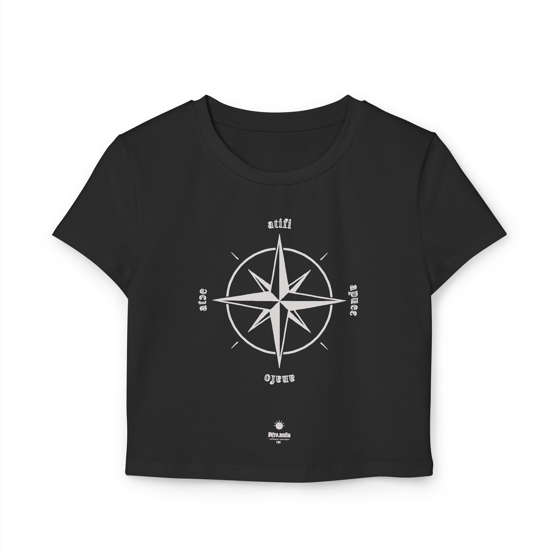 Black t-shirt with white compass design on a white background