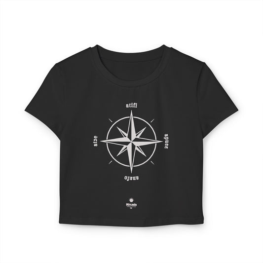 Black t-shirt with white compass design on a white background