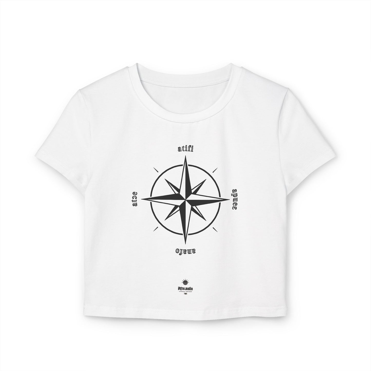 White t-shirt with black compass design and text on a white background