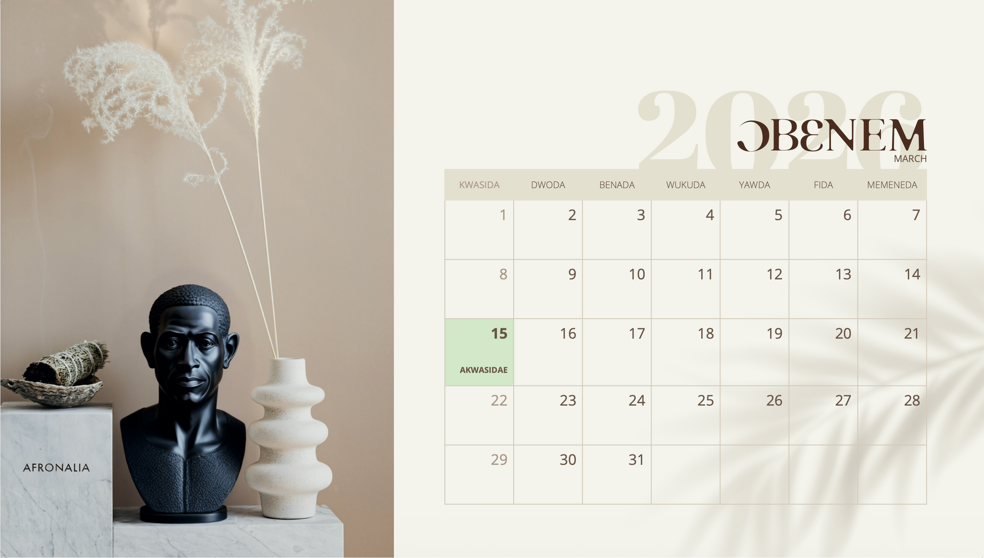 2026 Twi calendar with decorative vases and plants on a beige background for the month of March.